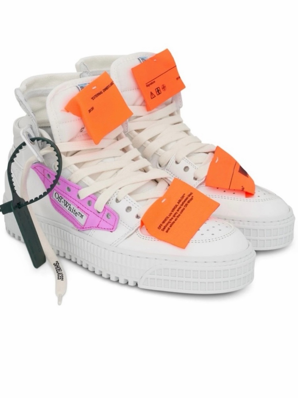 Off-White White High-Top Sneakers with Neon Orange Tags and Pink Accent